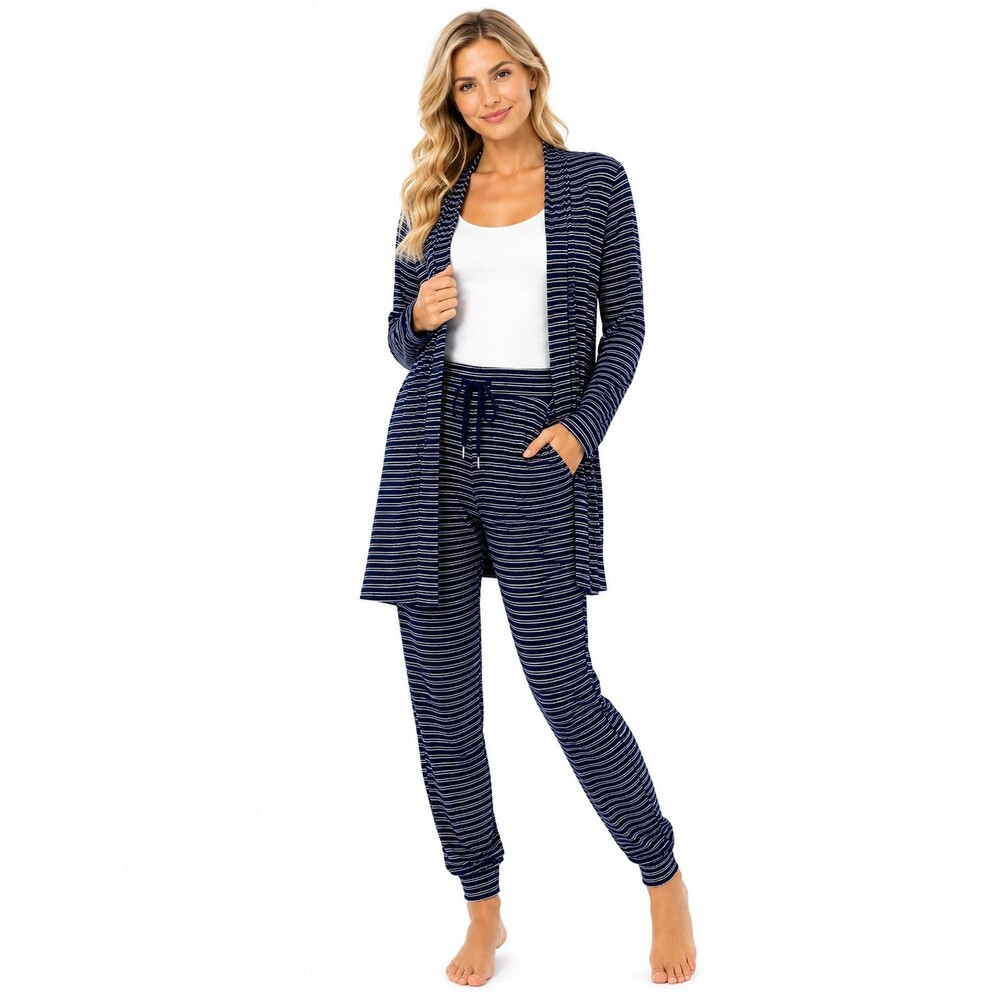 SOMA Cool Nights Pajama Pants Robe Set Size Small Navy Blue Stripe Cardigan Cozy